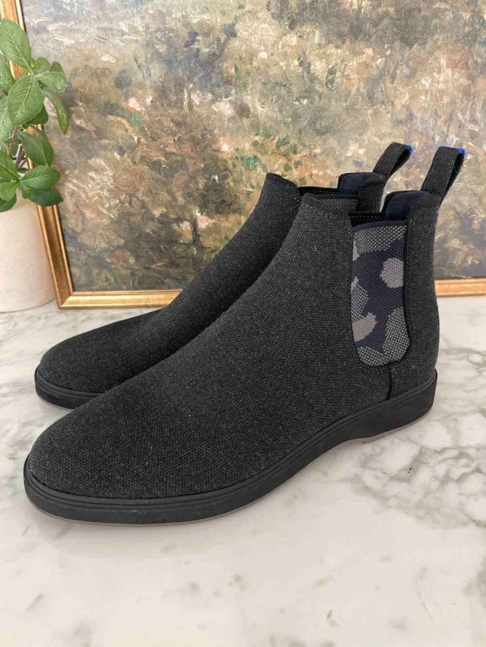 Rothy’s merino wool chelsea boots mens size 12 black gray camo